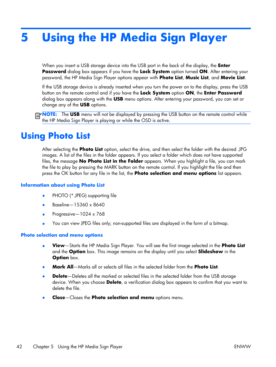 Using the hp media sign player, Using photo list, 5 using the hp media sign player | HP LD4210 42-inch LCD Digital Signage Display User Manual | Page 50 / 105