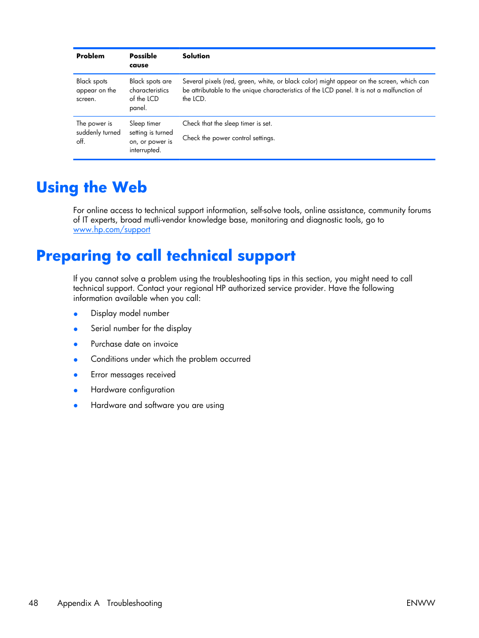 Using the web, Preparing to call technical support, Using the web preparing to call technical support | HP LD4210 42-inch LCD Digital Signage Display User Manual | Page 56 / 105