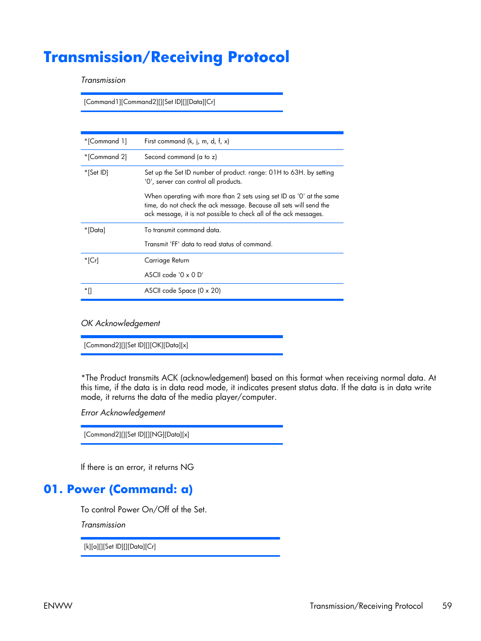 Transmission/receiving protocol, Power (command: a) | HP LD4210 42-inch LCD Digital Signage Display User Manual | Page 67 / 105