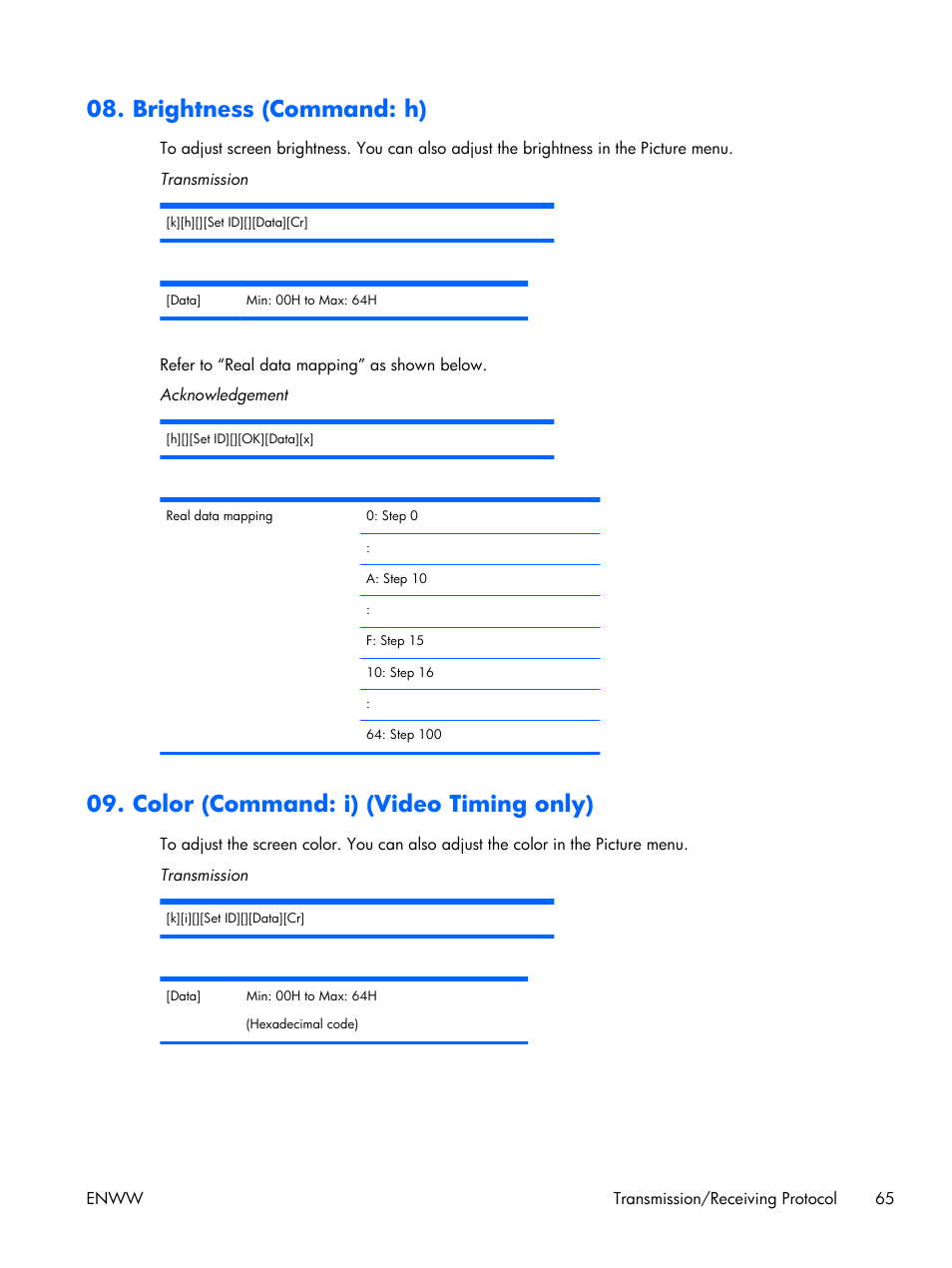 Brightness (command: h), Color (command: i) (video timing only) | HP LD4210 42-inch LCD Digital Signage Display User Manual | Page 73 / 105