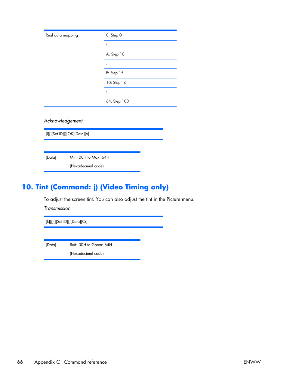 Tint (command: j) (video timing only) | HP LD4210 42-inch LCD Digital Signage Display User Manual | Page 74 / 105