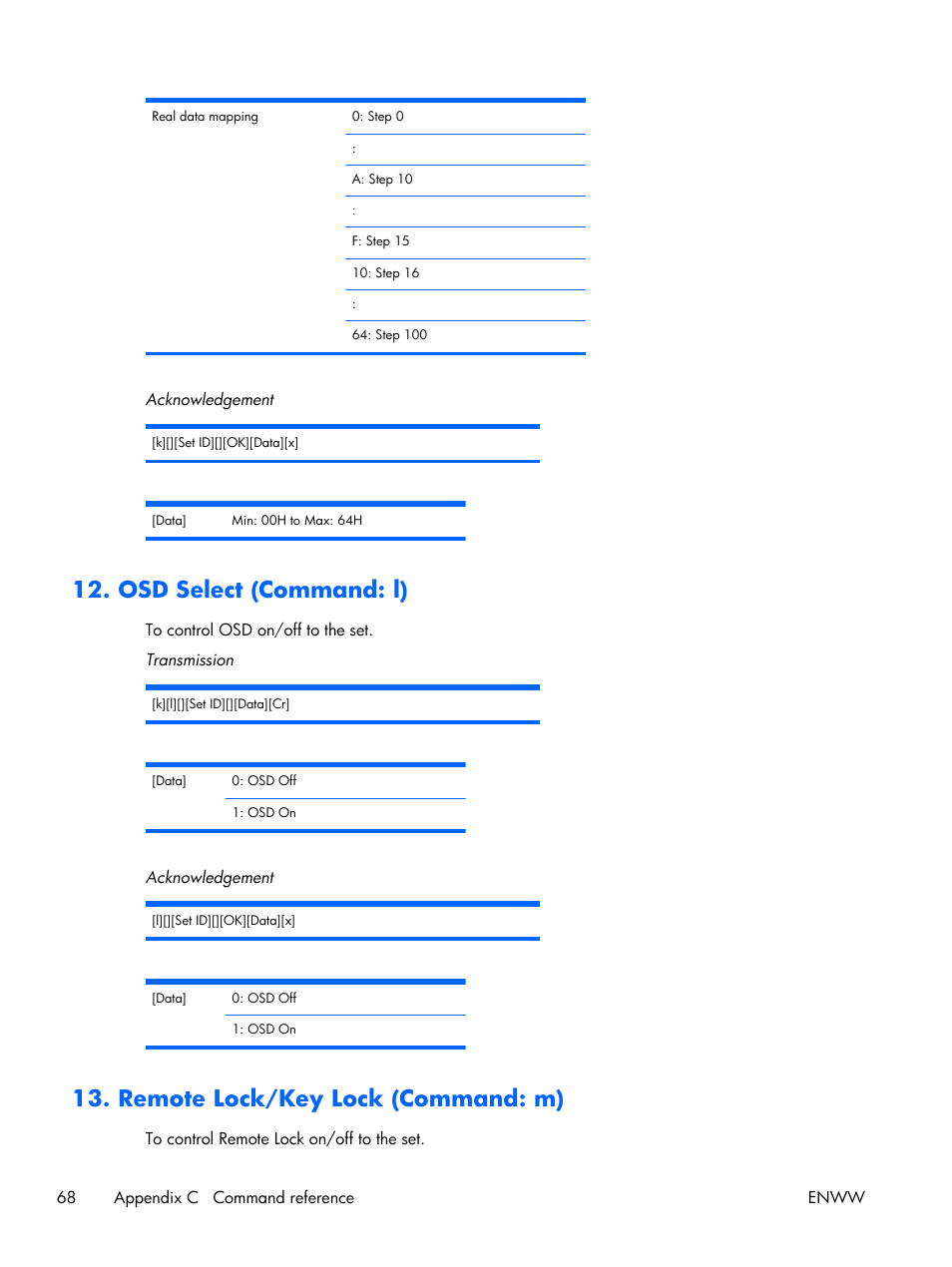 Osd select (command: l), Remote lock/key lock (command: m) | HP LD4210 42-inch LCD Digital Signage Display User Manual | Page 76 / 105