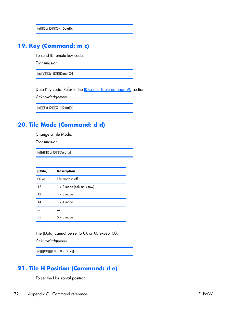 Key (command: m c), Tile mode (command: d d), Tile h position (command: d e) | HP LD4210 42-inch LCD Digital Signage Display User Manual | Page 80 / 105