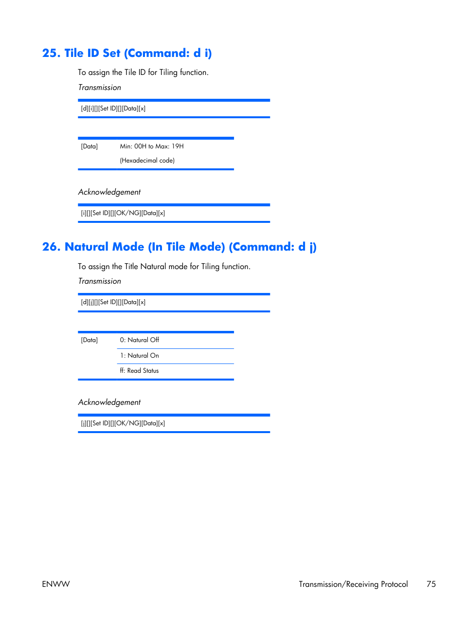 Tile id set (command: d i), Natural mode (in tile mode) (command: d j) | HP LD4210 42-inch LCD Digital Signage Display User Manual | Page 83 / 105