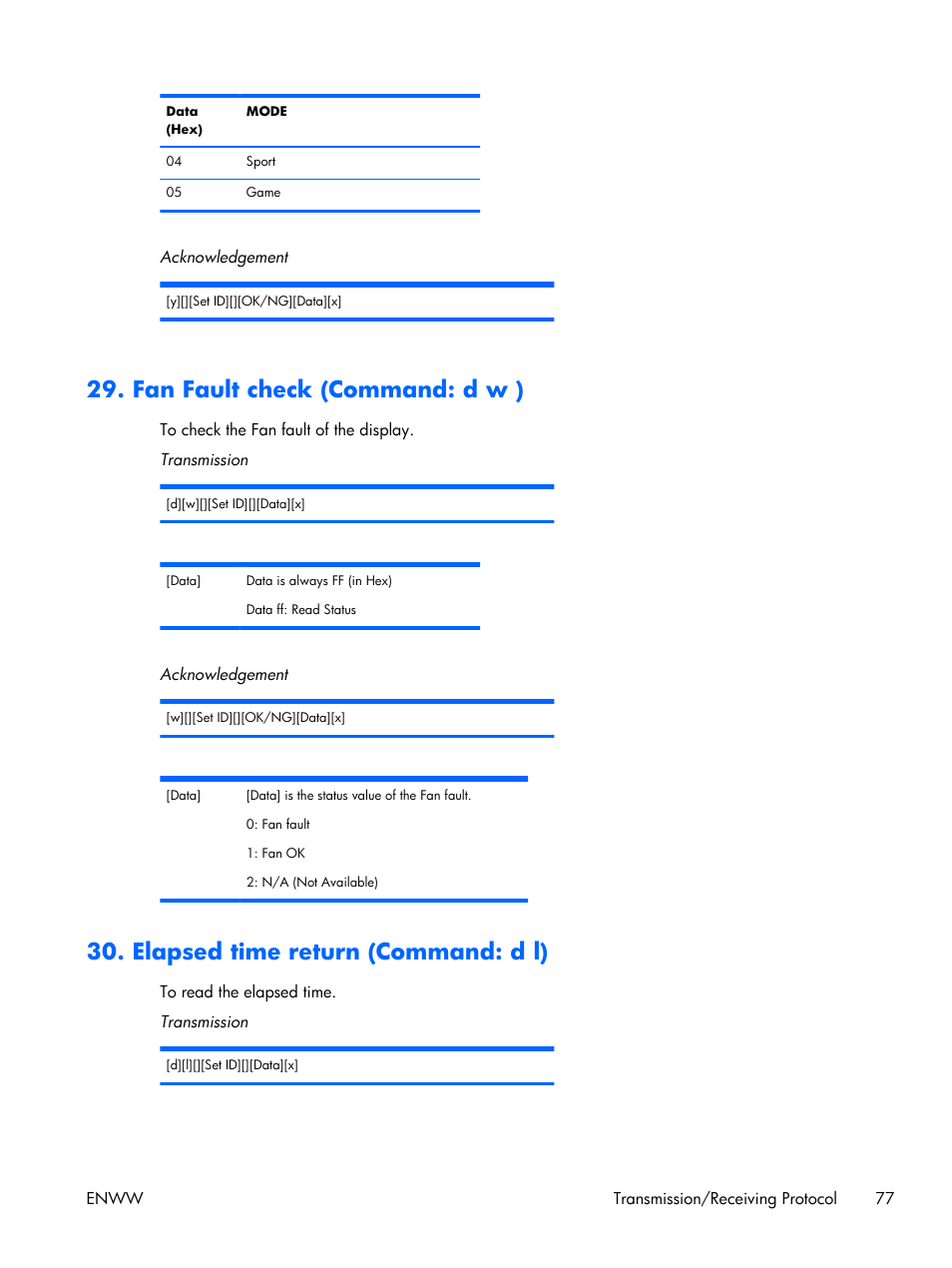 Fan fault check (command: d w ), Elapsed time return (command: d l) | HP LD4210 42-inch LCD Digital Signage Display User Manual | Page 85 / 105