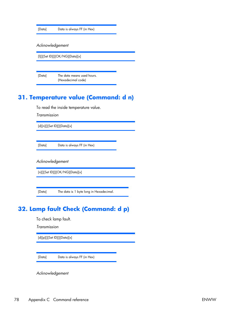 Temperature value (command: d n), Lamp fault check (command: d p) | HP LD4210 42-inch LCD Digital Signage Display User Manual | Page 86 / 105