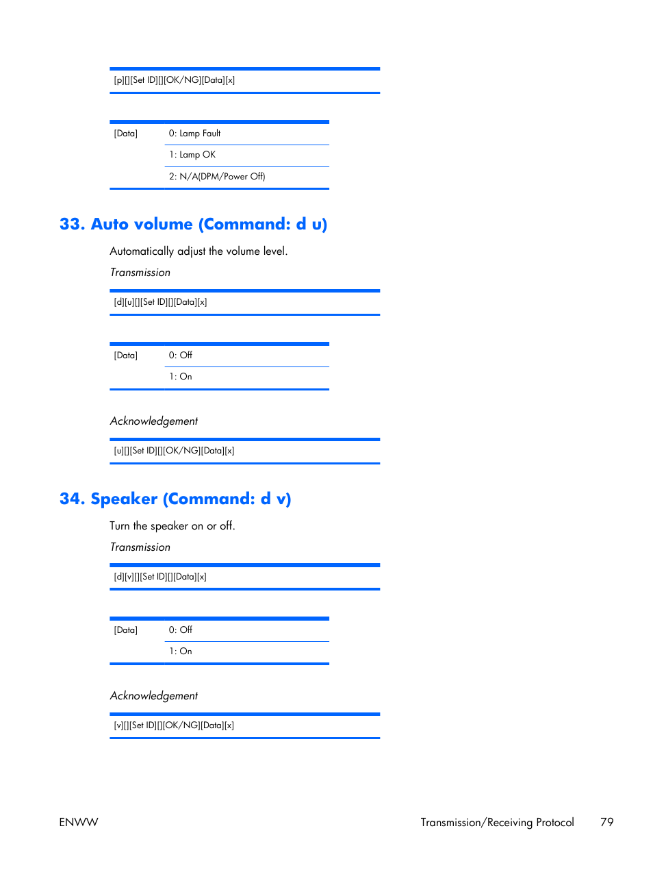 Auto volume (command: d u), Speaker (command: d v) | HP LD4210 42-inch LCD Digital Signage Display User Manual | Page 87 / 105