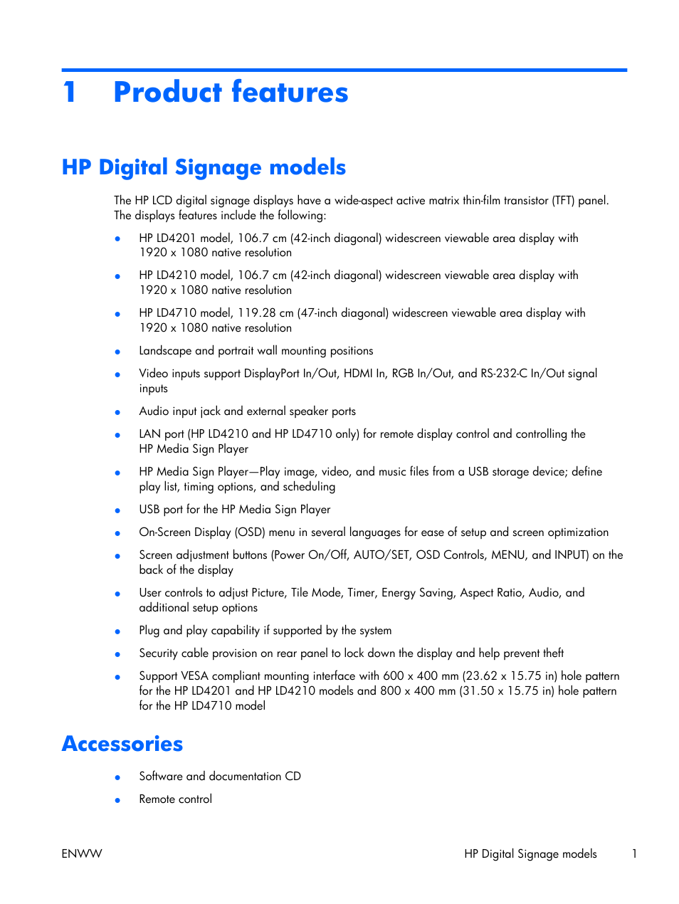 Product features, Hp digital signage models, Accessories | 1 product features, Hp digital signage models accessories | HP LD4210 42-inch LCD Digital Signage Display User Manual | Page 9 / 105