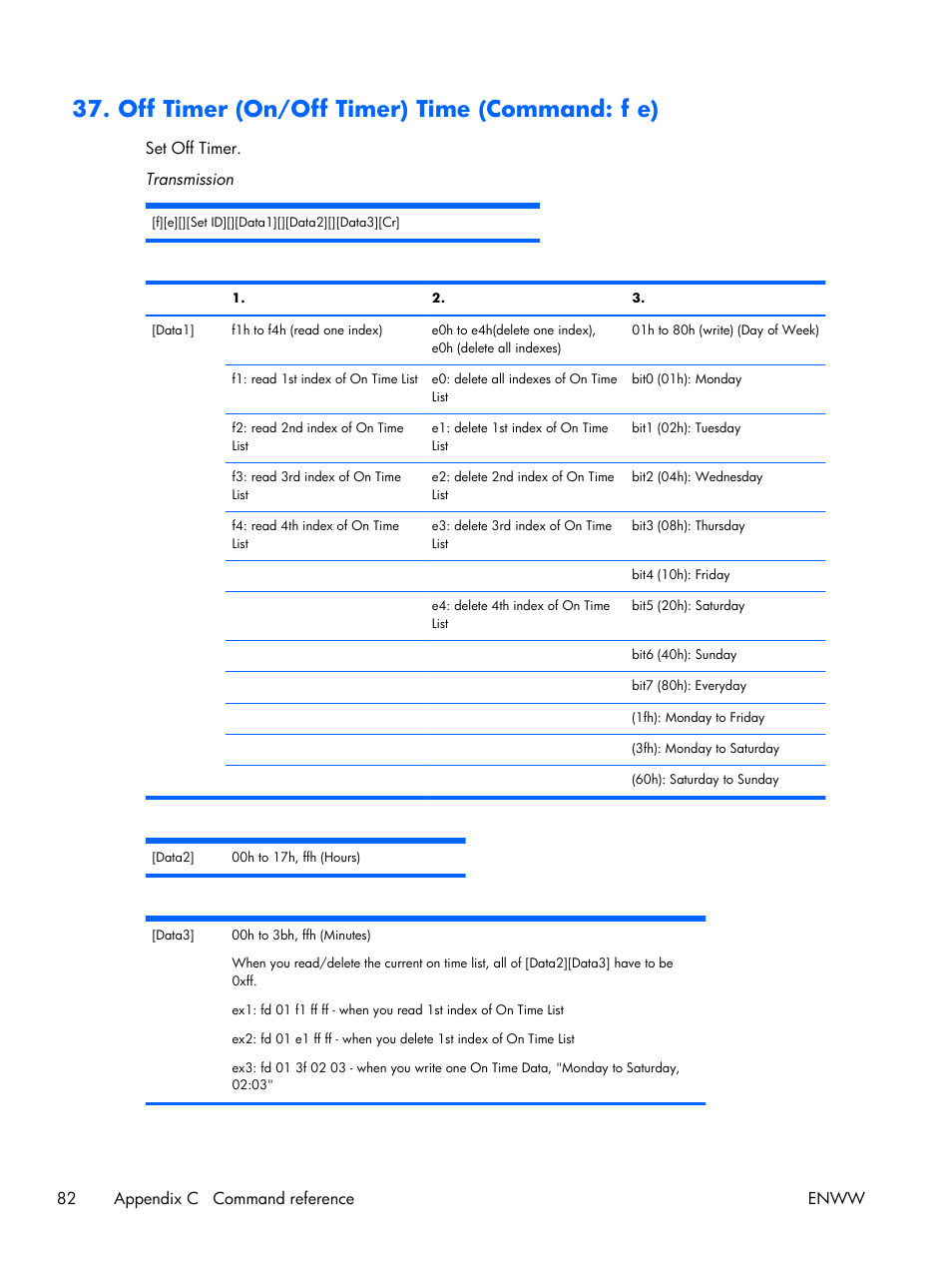 Off timer (on/off timer) time (command: f e) | HP LD4210 42-inch LCD Digital Signage Display User Manual | Page 90 / 105