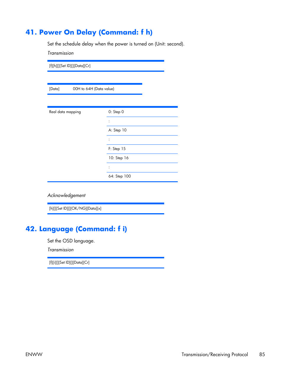 Power on delay (command: f h), Language (command: f i) | HP LD4210 42-inch LCD Digital Signage Display User Manual | Page 93 / 105