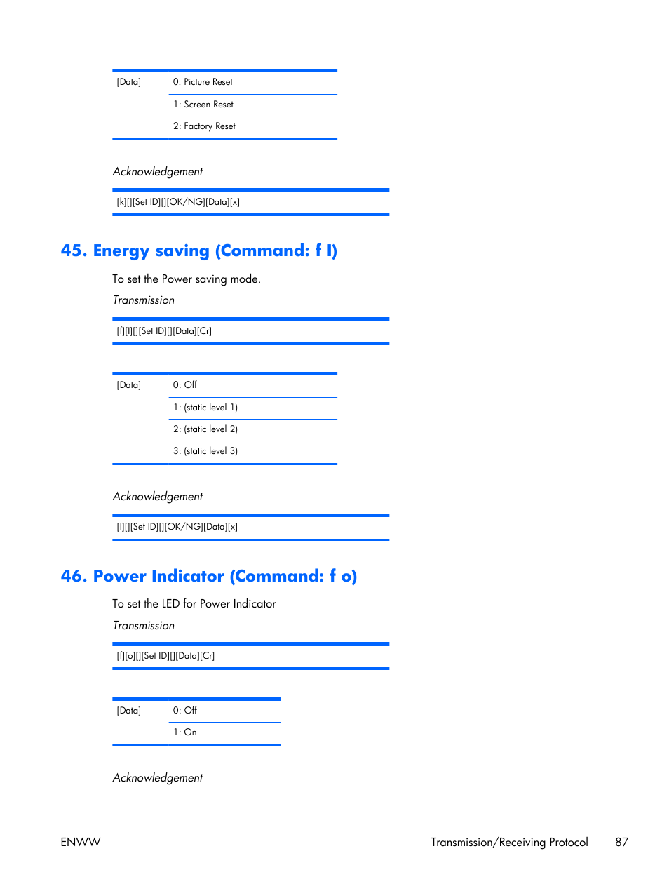 Energy saving (command: f i), Power indicator (command: f o) | HP LD4210 42-inch LCD Digital Signage Display User Manual | Page 95 / 105
