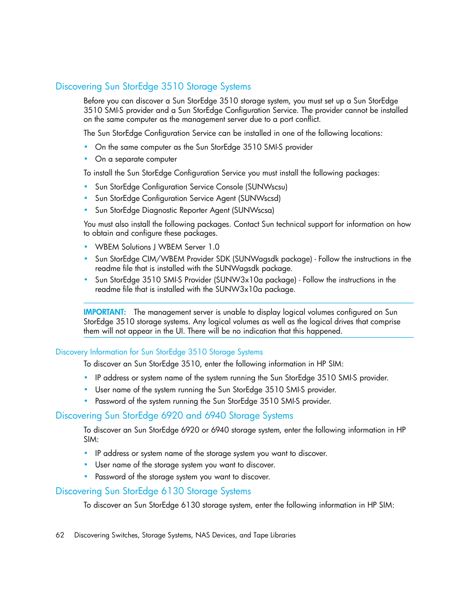 Discovering sun storedge 3510 storage systems, Discovering sun storedge 6130 storage systems, Discovering sun storedge | 6920 and 6940 storage systems, 6130 storage systems | HP Storage Essentials Enterprise Edition Software User Manual | Page 100 / 798