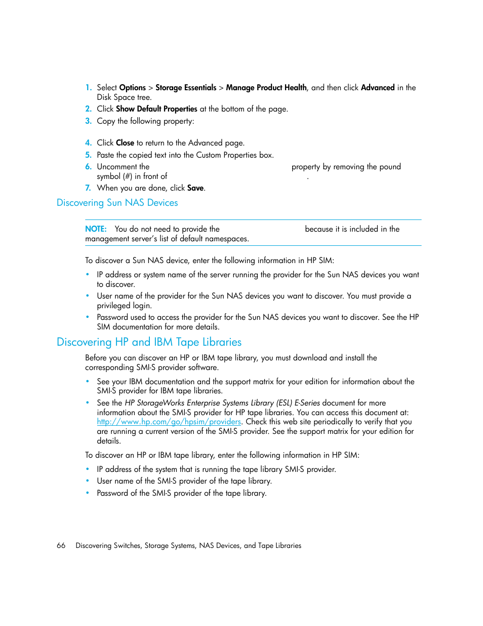 Discovering sun nas devices, Discovering hp and ibm tape libraries, Discovering sun nas | Devices, Discovering hp and ibm tape, Libraries | HP Storage Essentials Enterprise Edition Software User Manual | Page 104 / 798