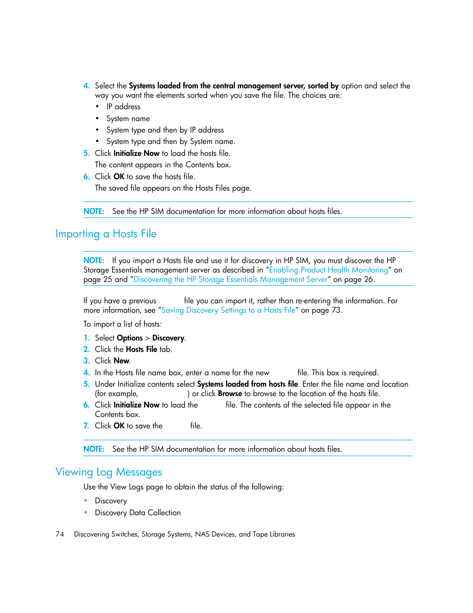 Importing a hosts file, Viewing log messages | HP Storage Essentials Enterprise Edition Software User Manual | Page 112 / 798