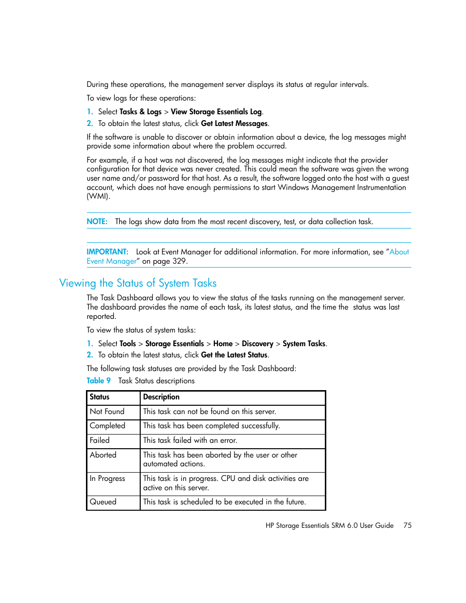 Viewing the status of system tasks, 9 task status descriptions | HP Storage Essentials Enterprise Edition Software User Manual | Page 113 / 798