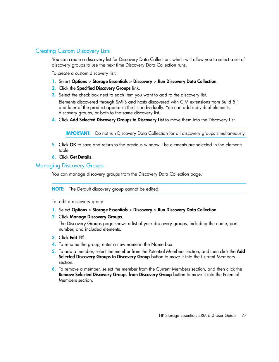 Creating custom discovery lists, Managing discovery groups, Creating custom discovery | Lists | HP Storage Essentials Enterprise Edition Software User Manual | Page 115 / 798