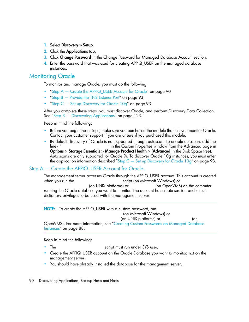 Monitoring oracle, Step a - create the appiq_user account for oracle, Step a — create the appiq_user account for oracle | HP Storage Essentials Enterprise Edition Software User Manual | Page 128 / 798