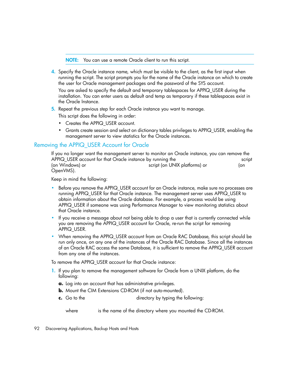 Removing the appiq_user account for oracle | HP Storage Essentials Enterprise Edition Software User Manual | Page 130 / 798