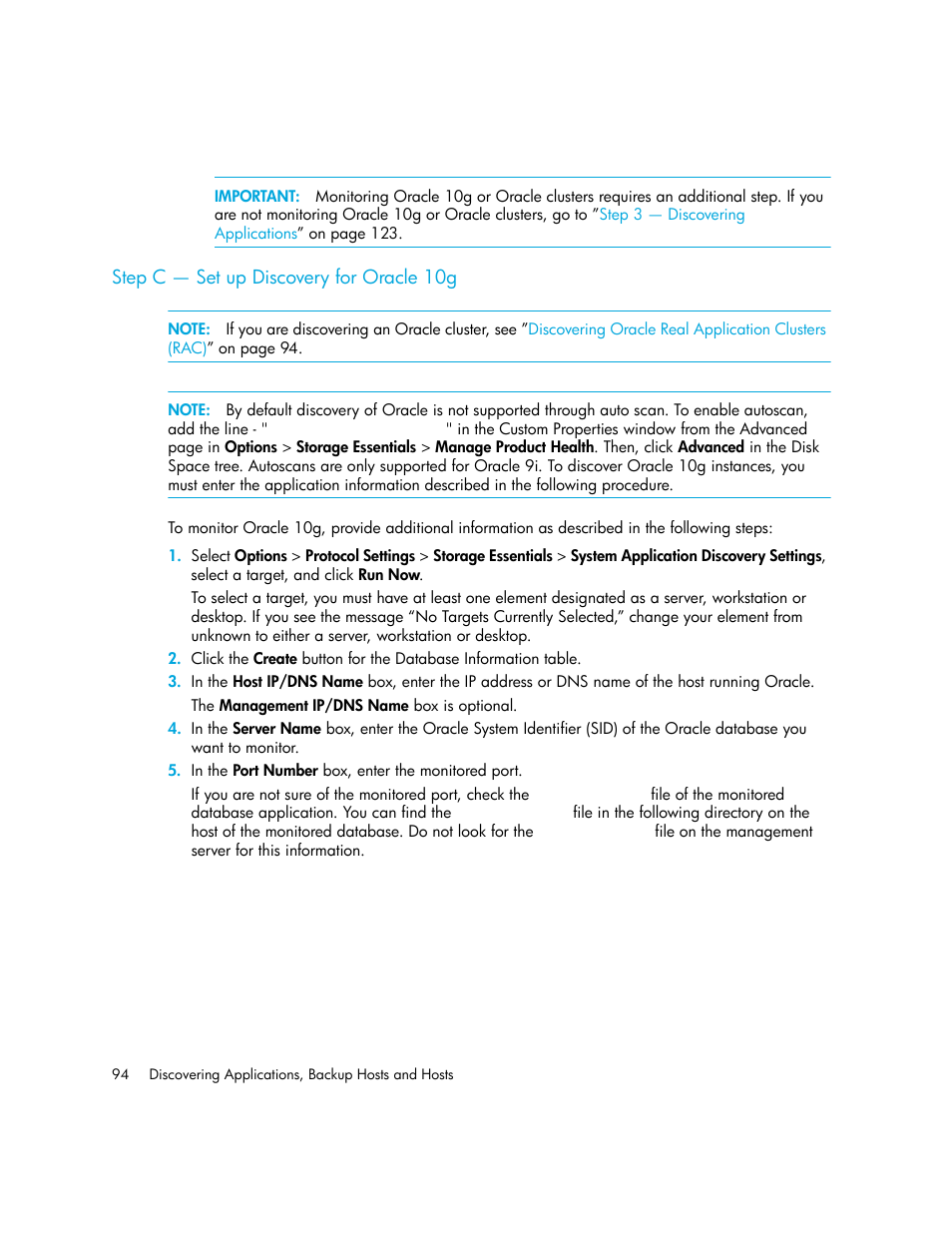 Step c - set up discovery for oracle 10g, Step c — set up discovery for oracle 10g | HP Storage Essentials Enterprise Edition Software User Manual | Page 132 / 798