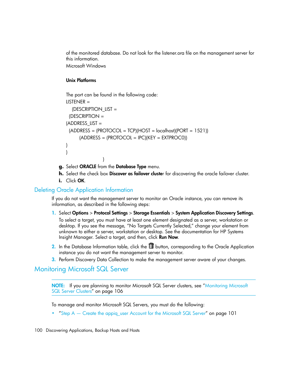 Deleting oracle application information, Monitoring microsoft sql server | HP Storage Essentials Enterprise Edition Software User Manual | Page 138 / 798