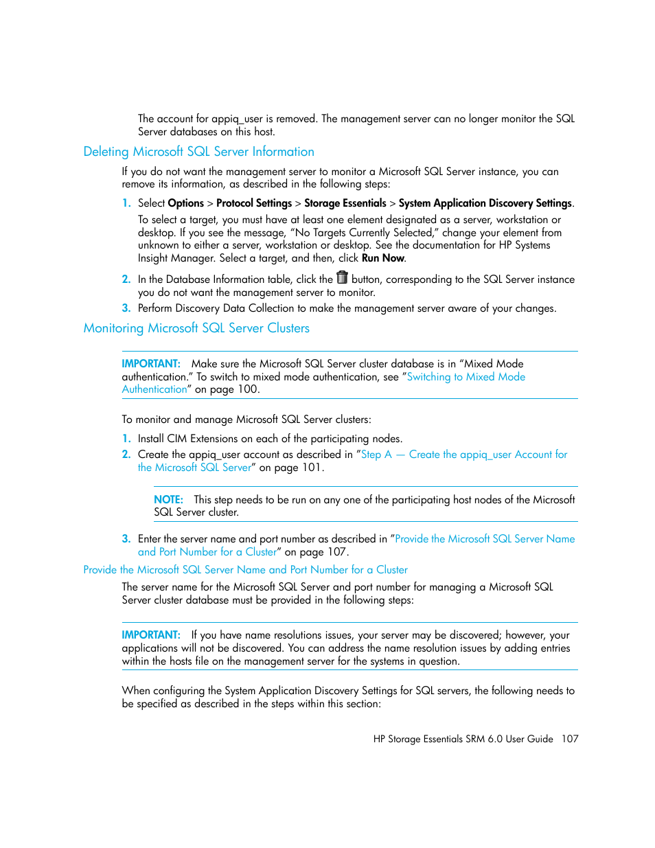 Deleting microsoft sql server information, Monitoring microsoft sql server clusters, Monitoring microsoft | Sql server clusters | HP Storage Essentials Enterprise Edition Software User Manual | Page 145 / 798