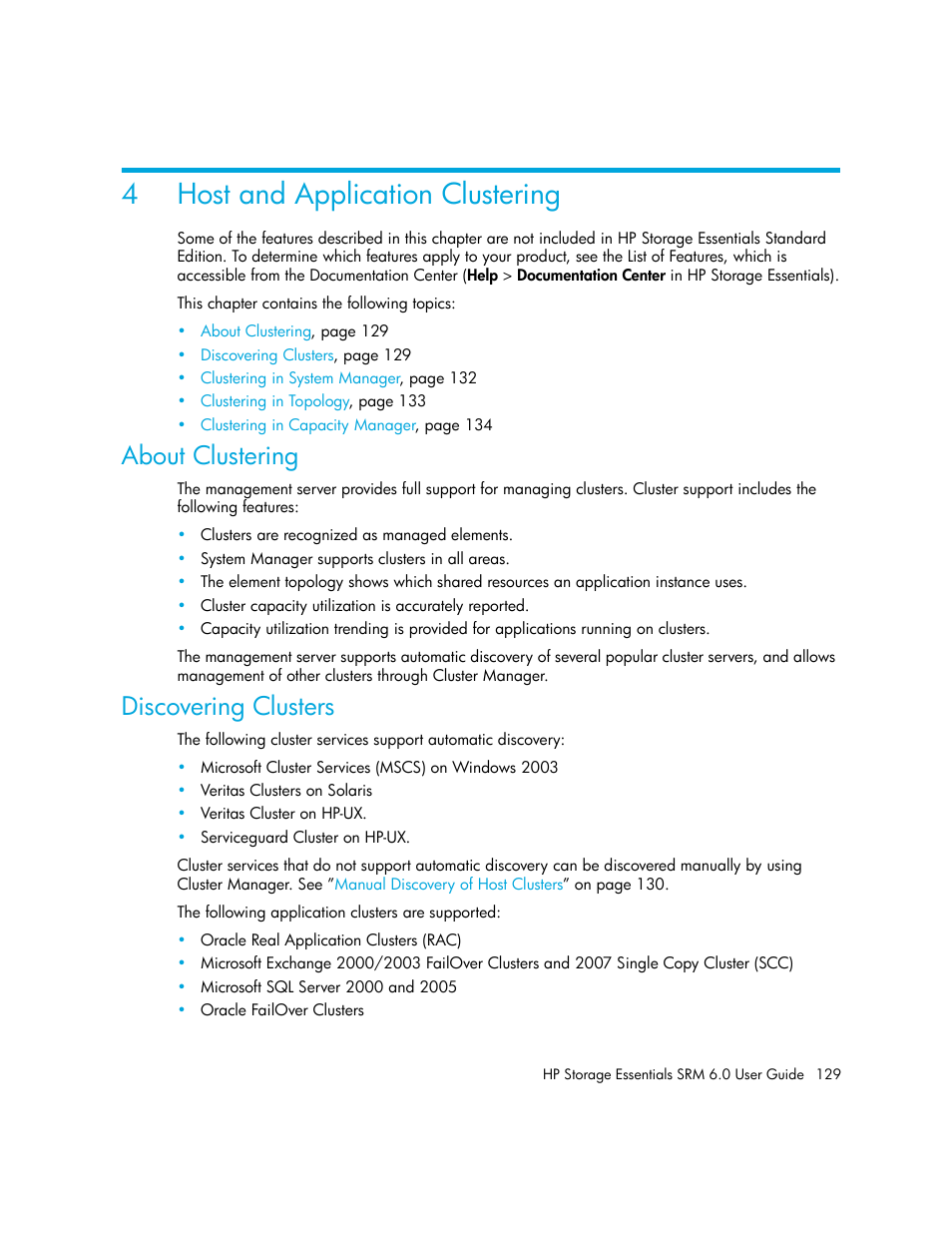 Host and application clustering, About clustering, Discovering clusters | 4 host and application clustering, Host and application, Clustering, 4host and application clustering | HP Storage Essentials Enterprise Edition Software User Manual | Page 167 / 798