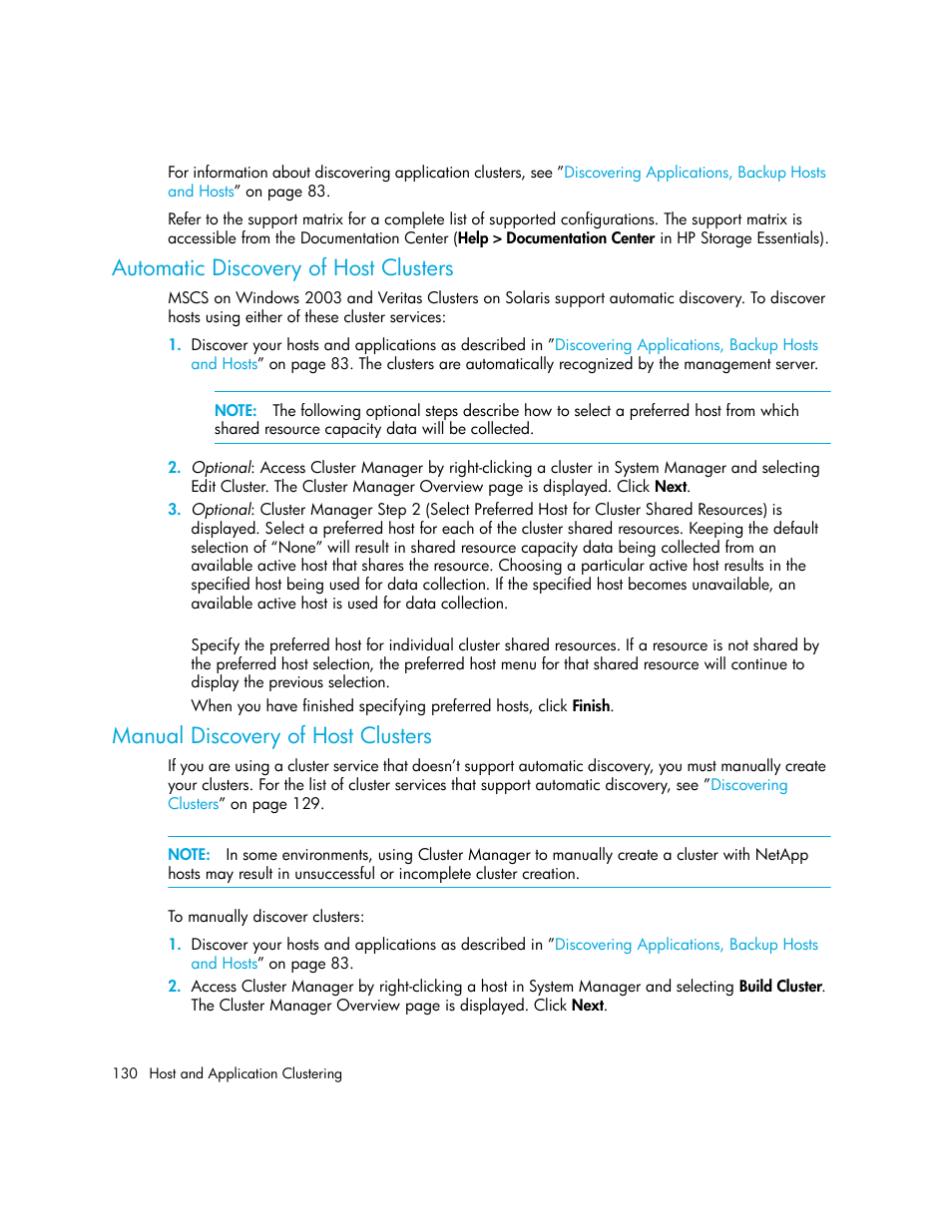 Automatic discovery of host clusters, Manual discovery of host clusters | HP Storage Essentials Enterprise Edition Software User Manual | Page 168 / 798