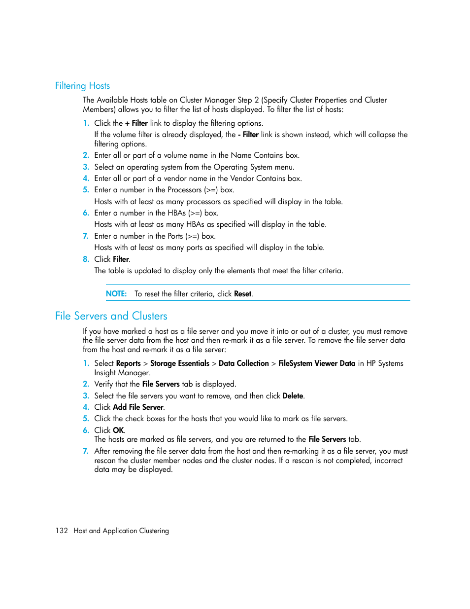 Filtering hosts, File servers and clusters | HP Storage Essentials Enterprise Edition Software User Manual | Page 170 / 798