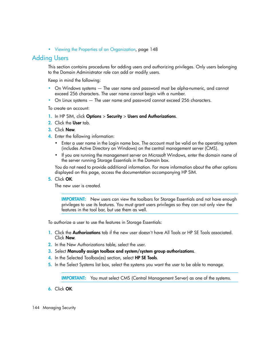 Adding users | HP Storage Essentials Enterprise Edition Software User Manual | Page 182 / 798