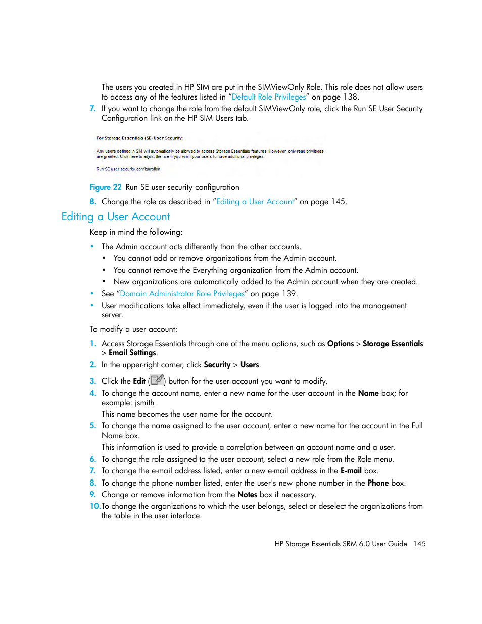 Editing a user account, 22 run se user security configuration | HP Storage Essentials Enterprise Edition Software User Manual | Page 183 / 798