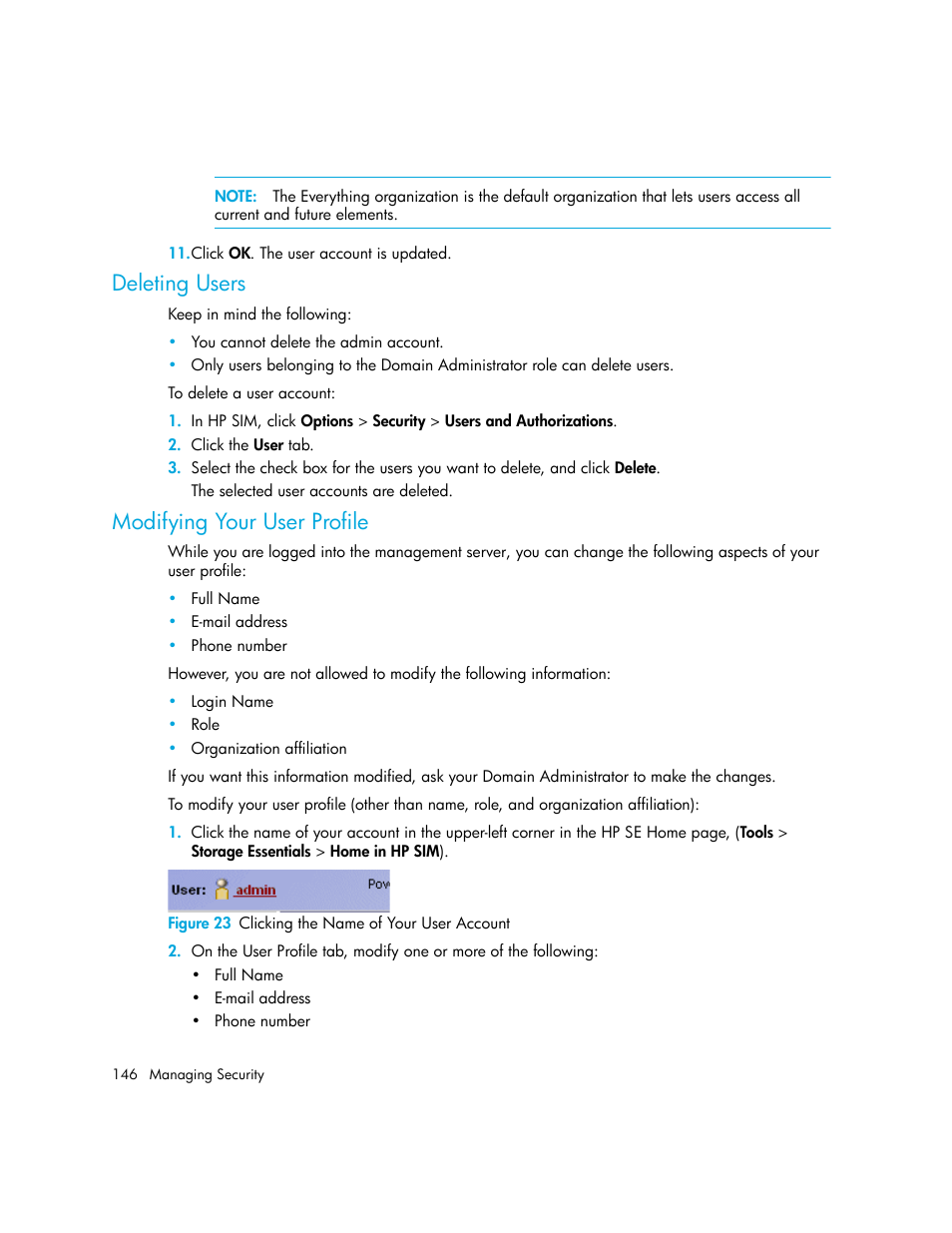 Deleting users, Modifying your user profile, 23 clicking the name of your user account | HP Storage Essentials Enterprise Edition Software User Manual | Page 184 / 798