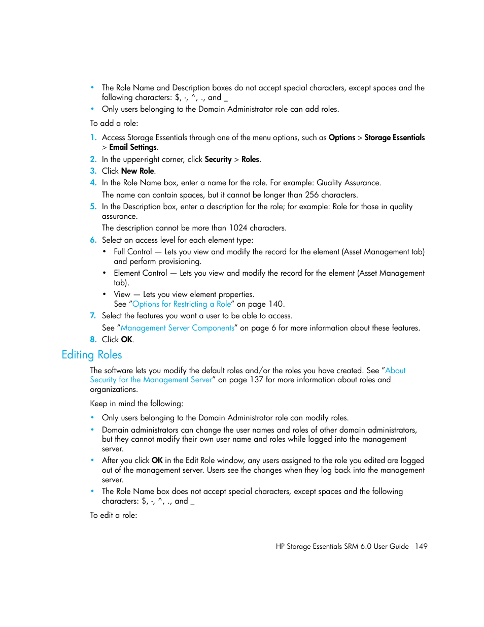 Editing roles | HP Storage Essentials Enterprise Edition Software User Manual | Page 187 / 798