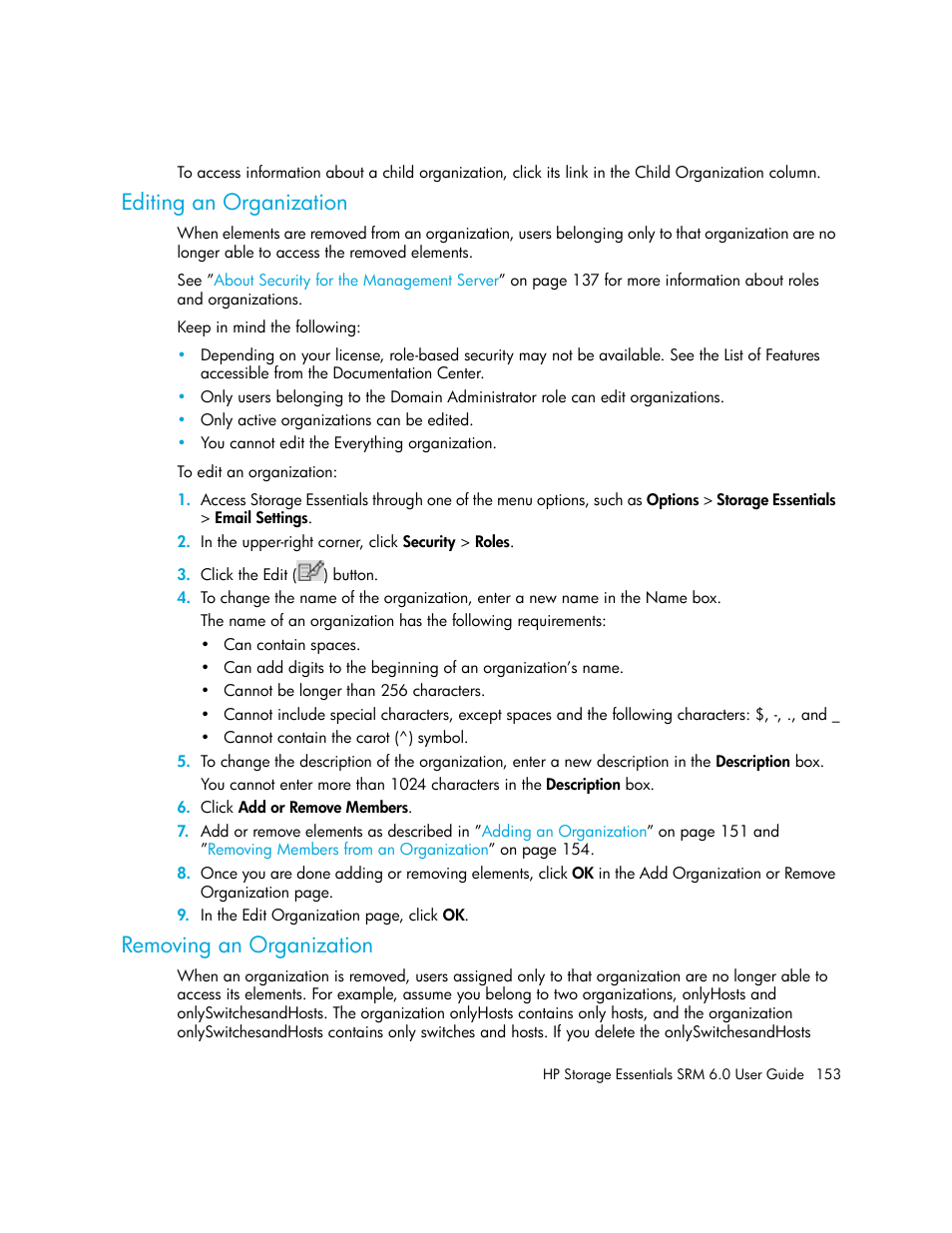 Editing an organization, Removing an organization | HP Storage Essentials Enterprise Edition Software User Manual | Page 191 / 798