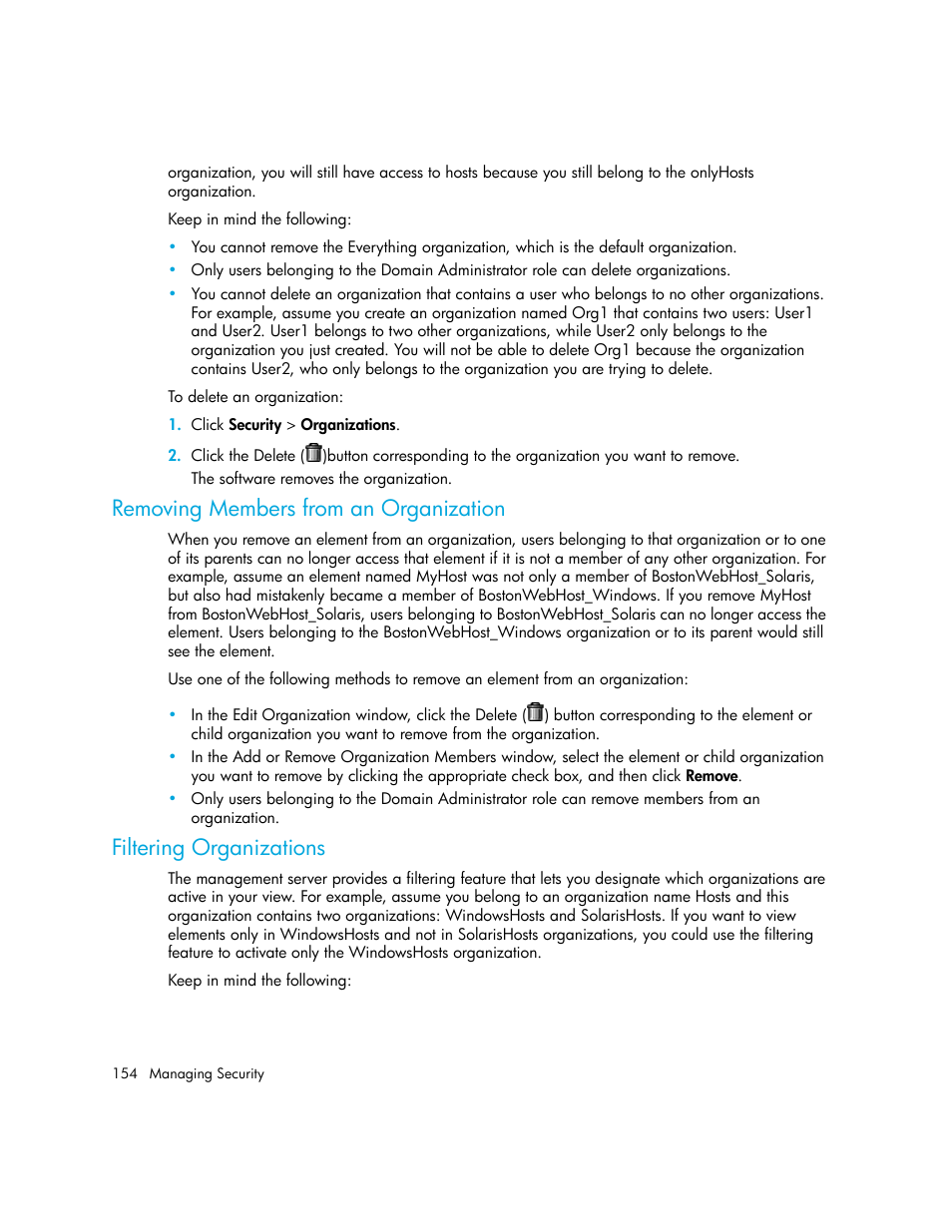 Removing members from an organization, Filtering organizations | HP Storage Essentials Enterprise Edition Software User Manual | Page 192 / 798