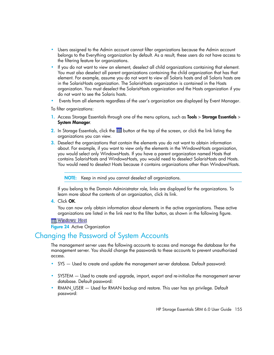 Changing the password of system accounts, 24 active organization | HP Storage Essentials Enterprise Edition Software User Manual | Page 193 / 798