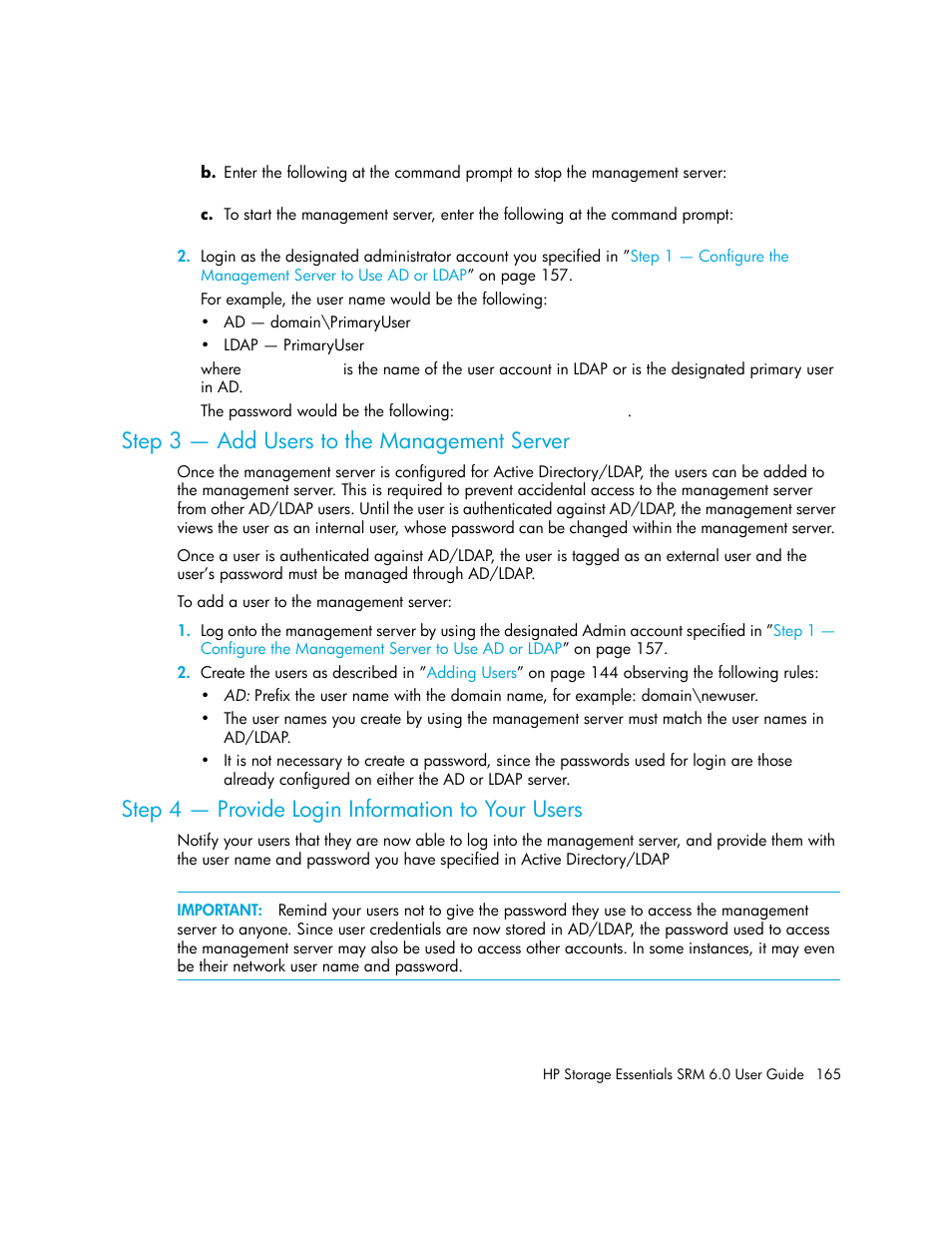 Step 3 - add users to the management server, Step 4 - provide login information to your users, Step 3 — add users to the management server | Step 4 — provide login information to your users | HP Storage Essentials Enterprise Edition Software User Manual | Page 203 / 798