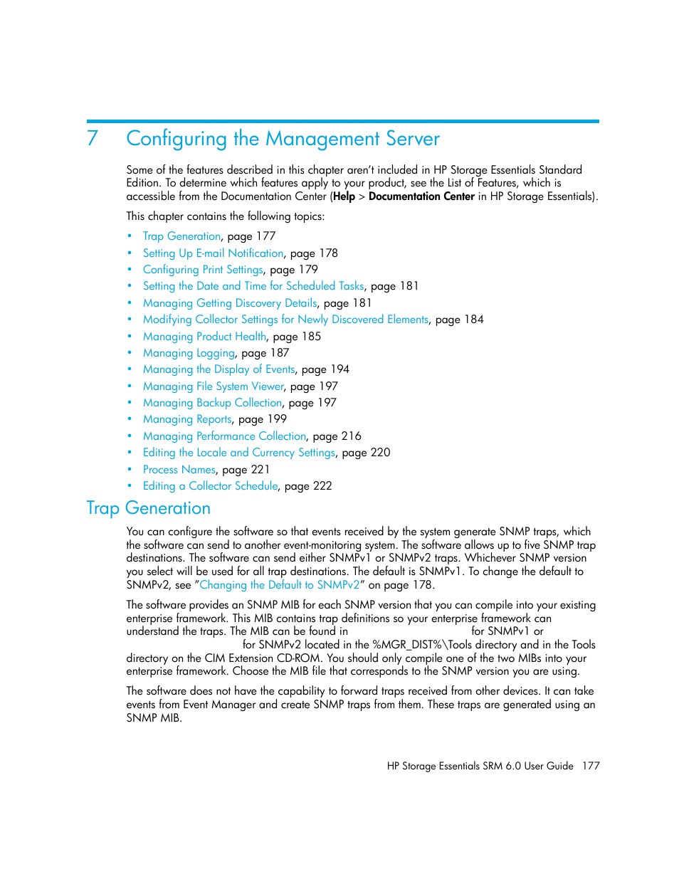 Configuring the management server, Trap generation, 7 configuring the management server | 7configuring the management server | HP Storage Essentials Enterprise Edition Software User Manual | Page 215 / 798