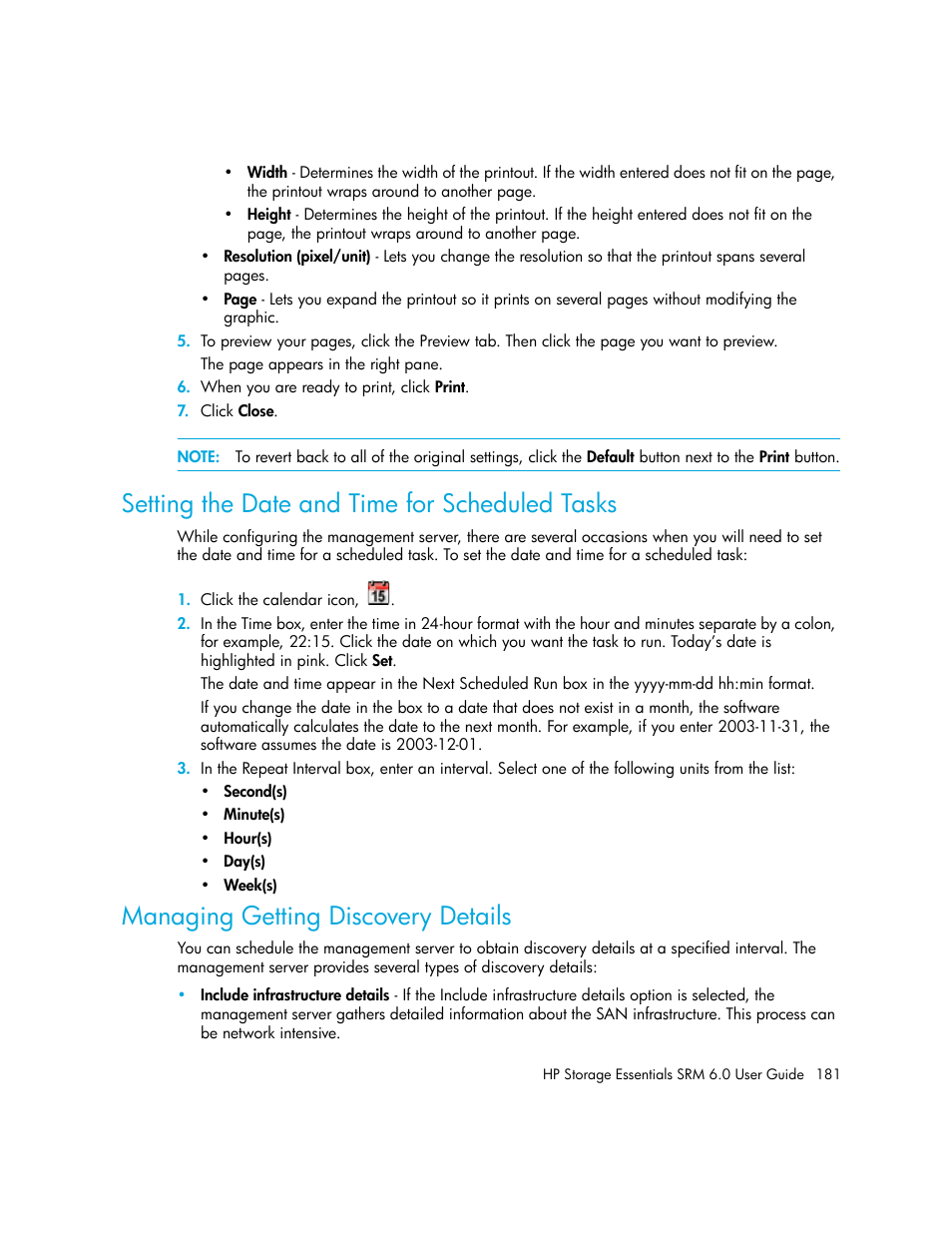 Setting the date and time for scheduled tasks, Managing getting discovery details | HP Storage Essentials Enterprise Edition Software User Manual | Page 219 / 798