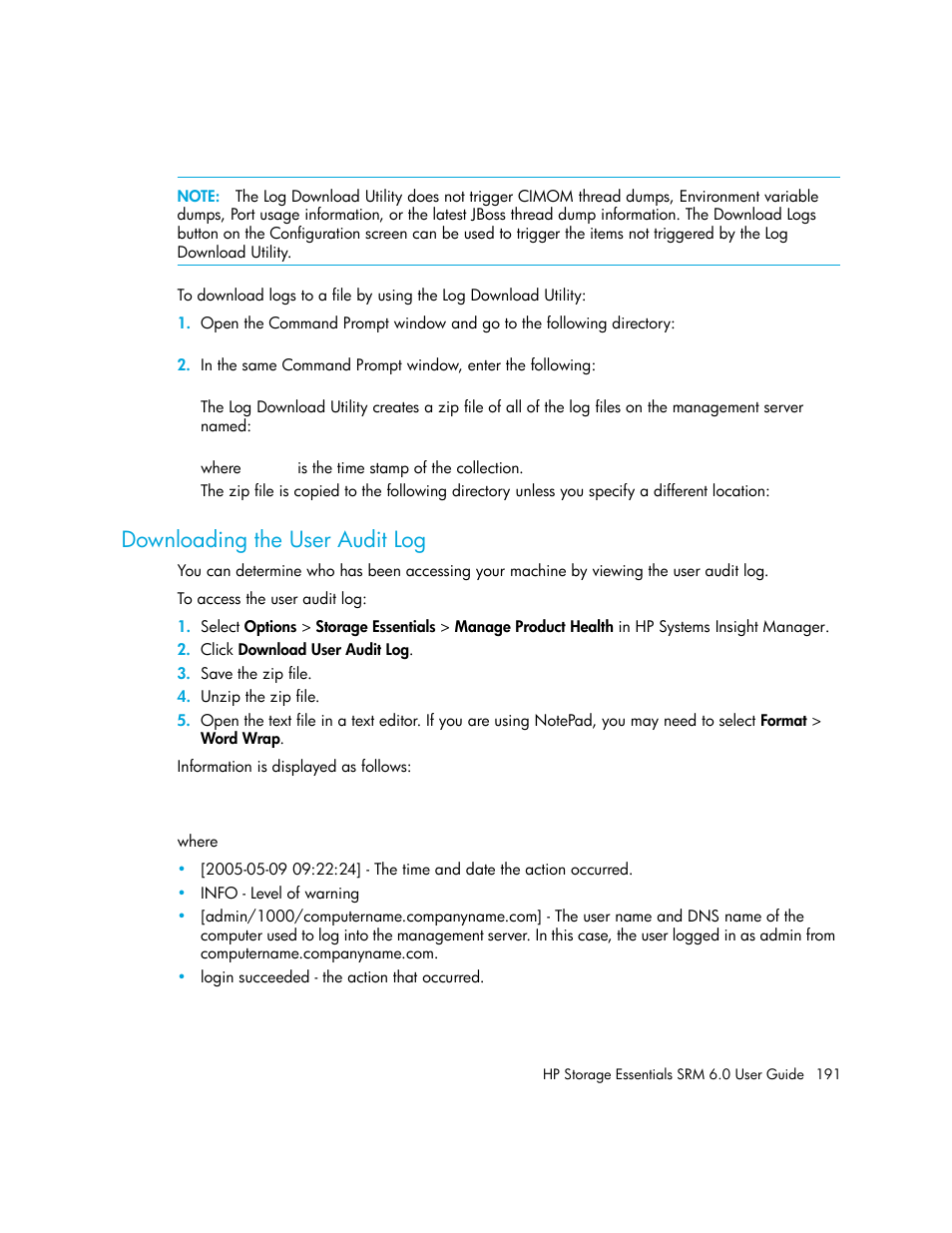 Downloading the user audit log | HP Storage Essentials Enterprise Edition Software User Manual | Page 229 / 798