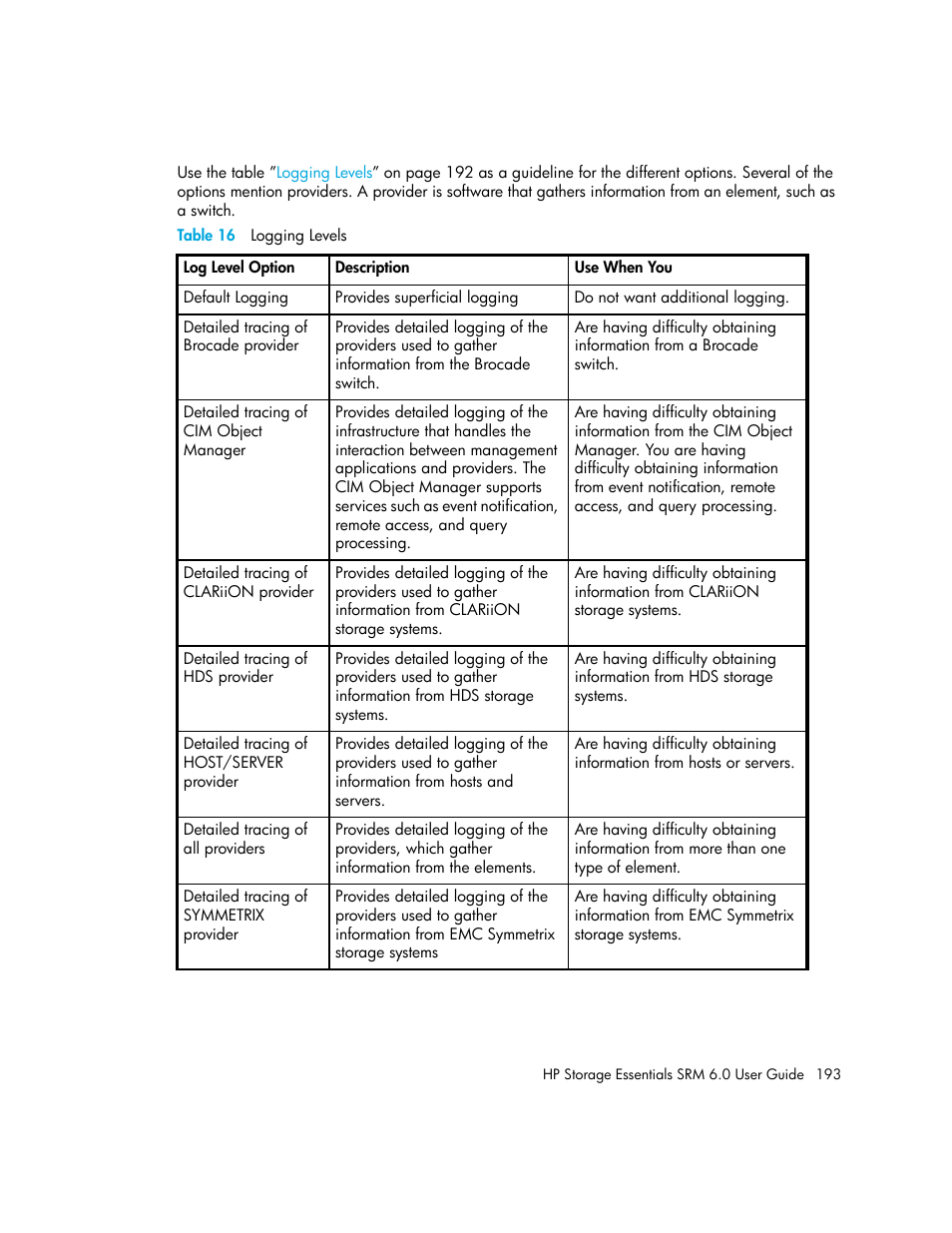 16 logging levels | HP Storage Essentials Enterprise Edition Software User Manual | Page 231 / 798