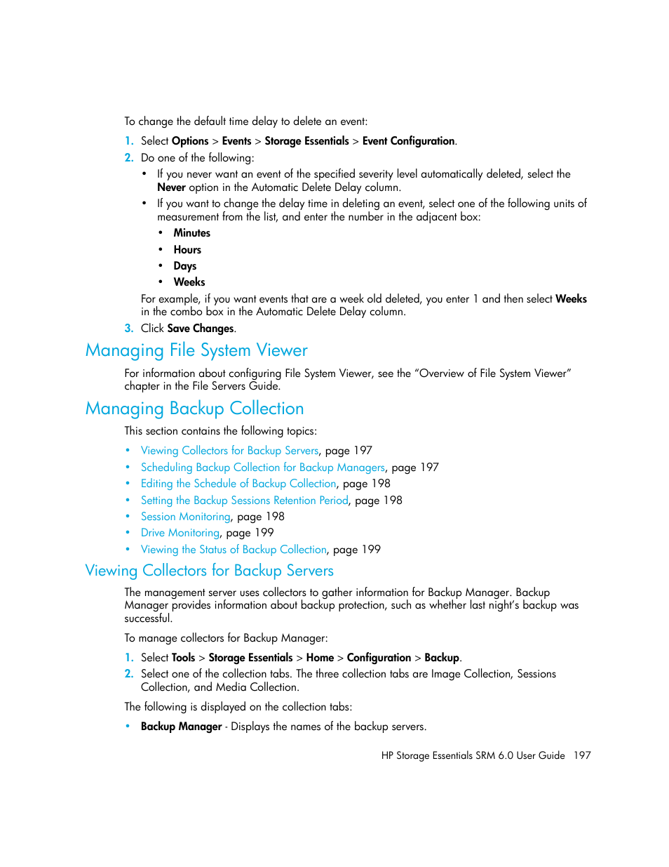 Managing file system viewer, Managing backup collection, Viewing collectors for backup servers | HP Storage Essentials Enterprise Edition Software User Manual | Page 235 / 798