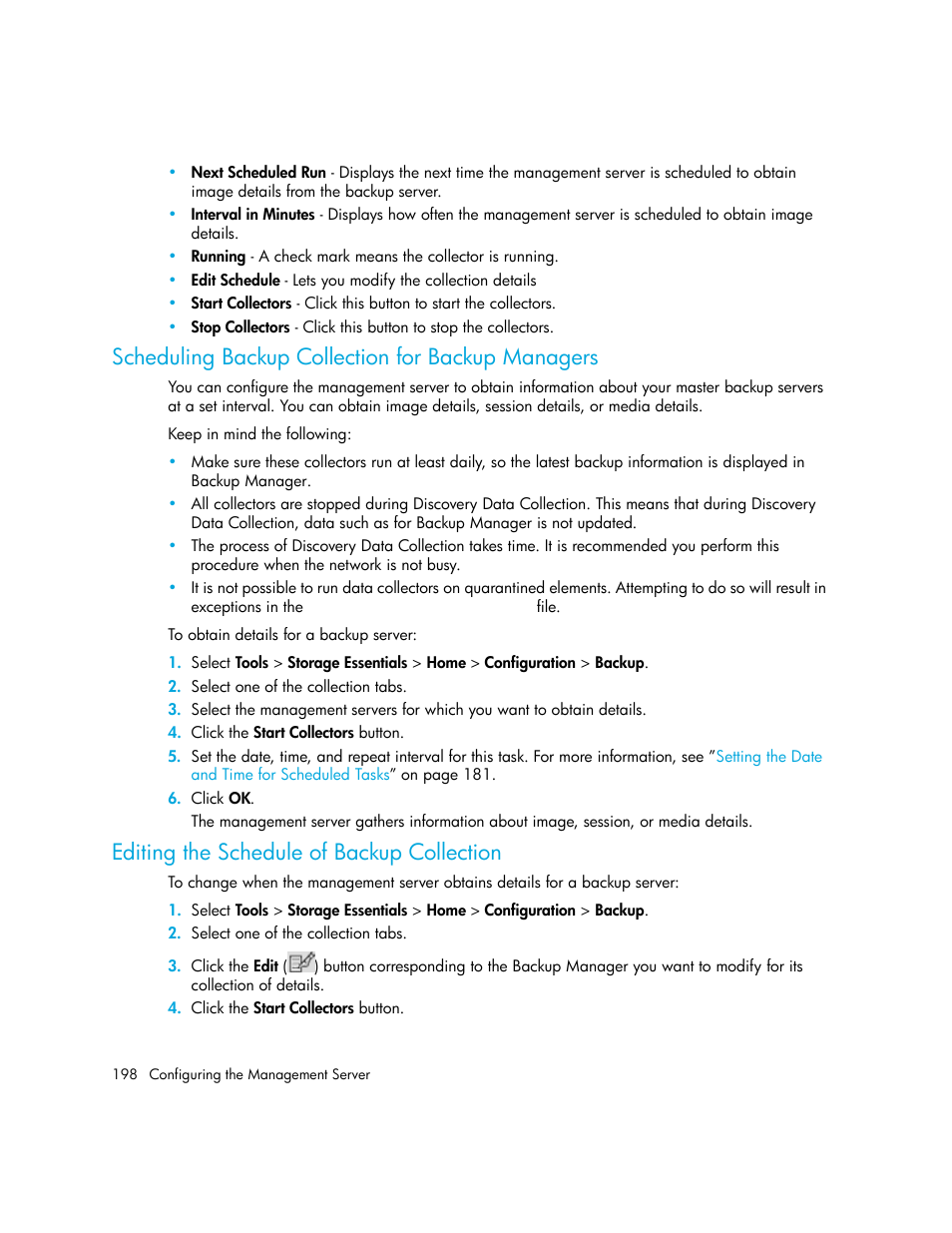 Scheduling backup collection for backup managers, Editing the schedule of backup collection | HP Storage Essentials Enterprise Edition Software User Manual | Page 236 / 798