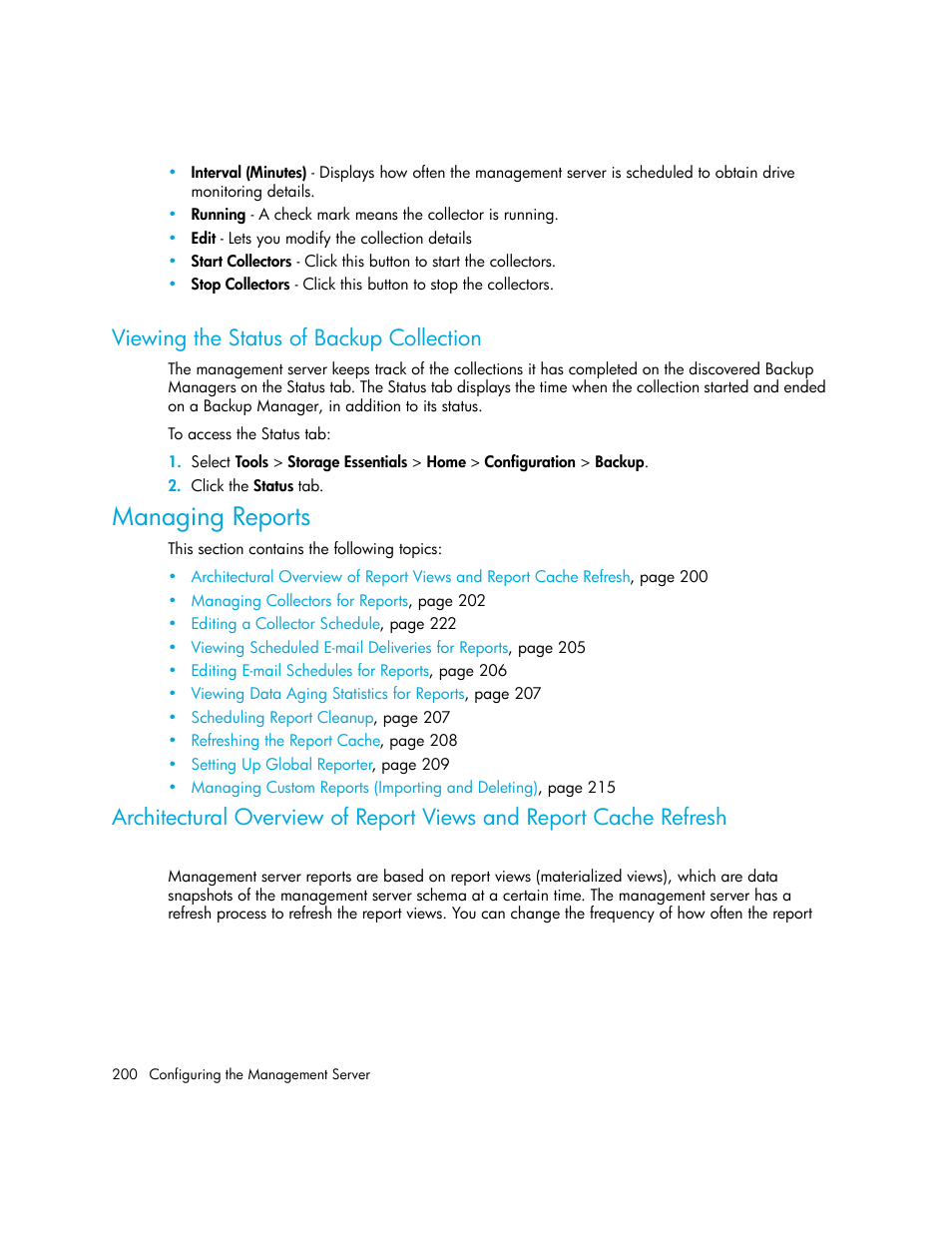 Viewing the status of backup collection, Managing reports | HP Storage Essentials Enterprise Edition Software User Manual | Page 238 / 798