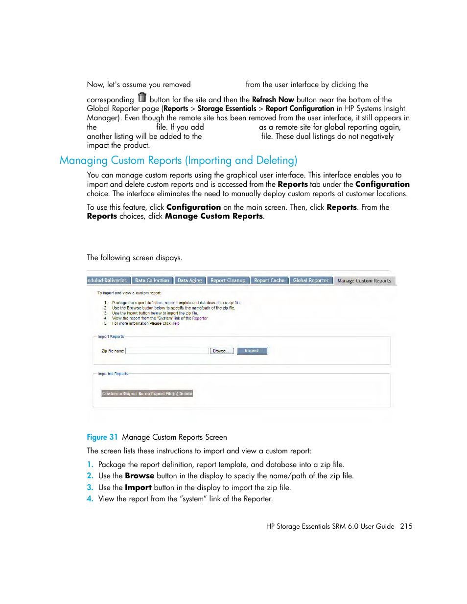 Managing custom reports (importing and deleting), 31 manage custom reports screen | HP Storage Essentials Enterprise Edition Software User Manual | Page 253 / 798