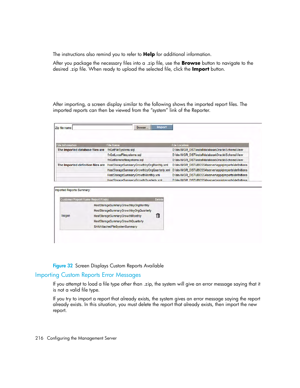 Importing custom reports error messages, 32 screen displays custom reports available | HP Storage Essentials Enterprise Edition Software User Manual | Page 254 / 798