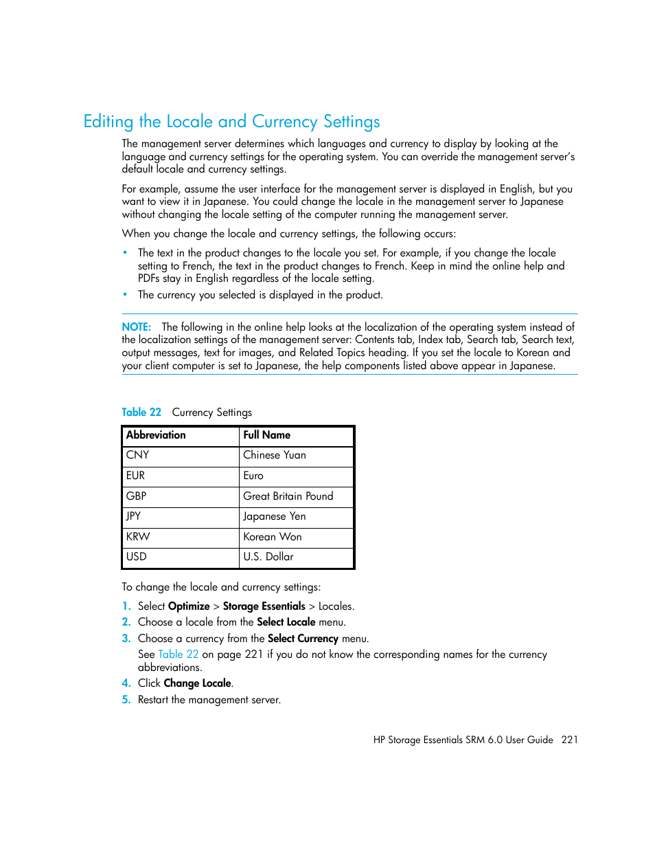 Editing the locale and currency settings, 22 currency settings | HP Storage Essentials Enterprise Edition Software User Manual | Page 259 / 798