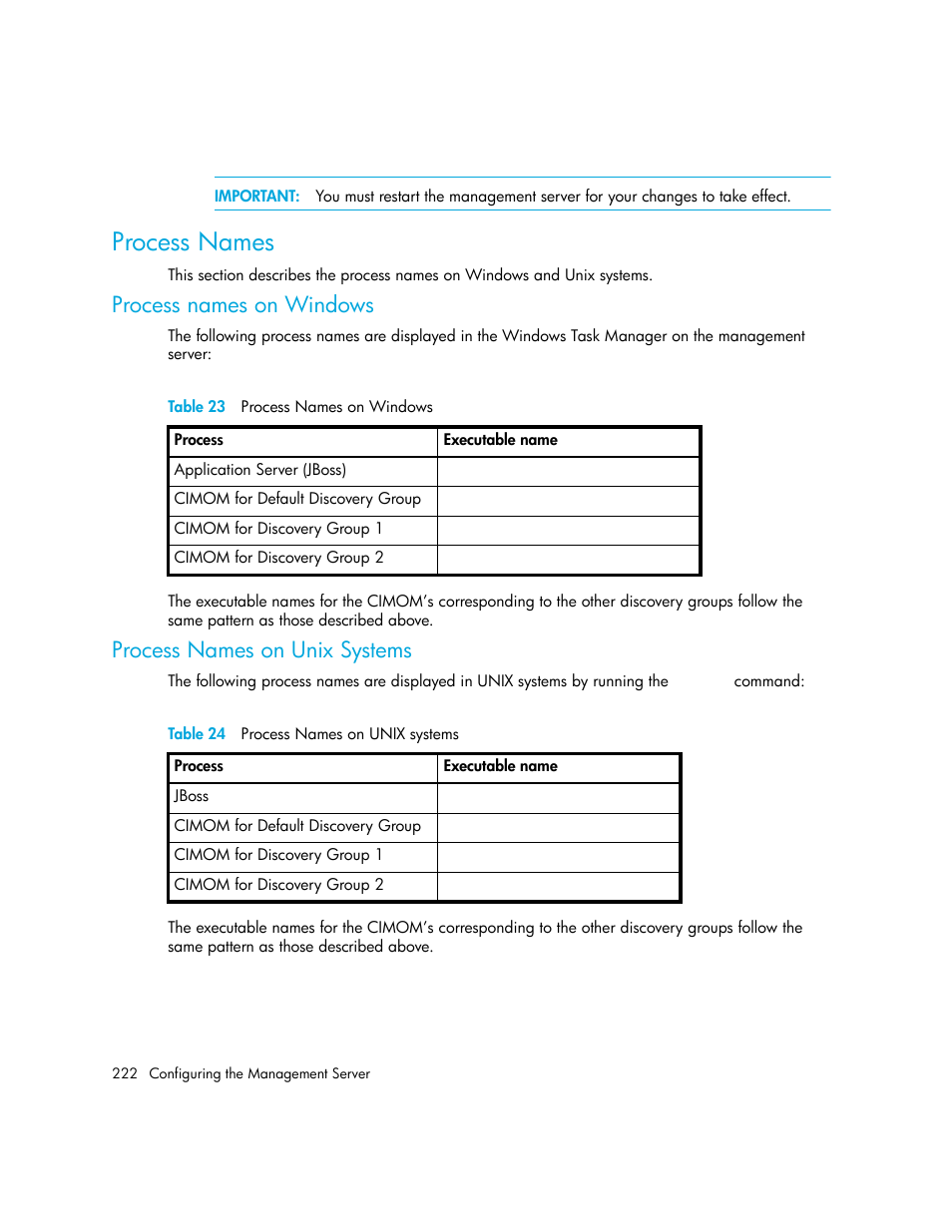 Process names, Process names on windows, Process names on unix systems | 23 process names on windows, 24 process names on unix systems | HP Storage Essentials Enterprise Edition Software User Manual | Page 260 / 798