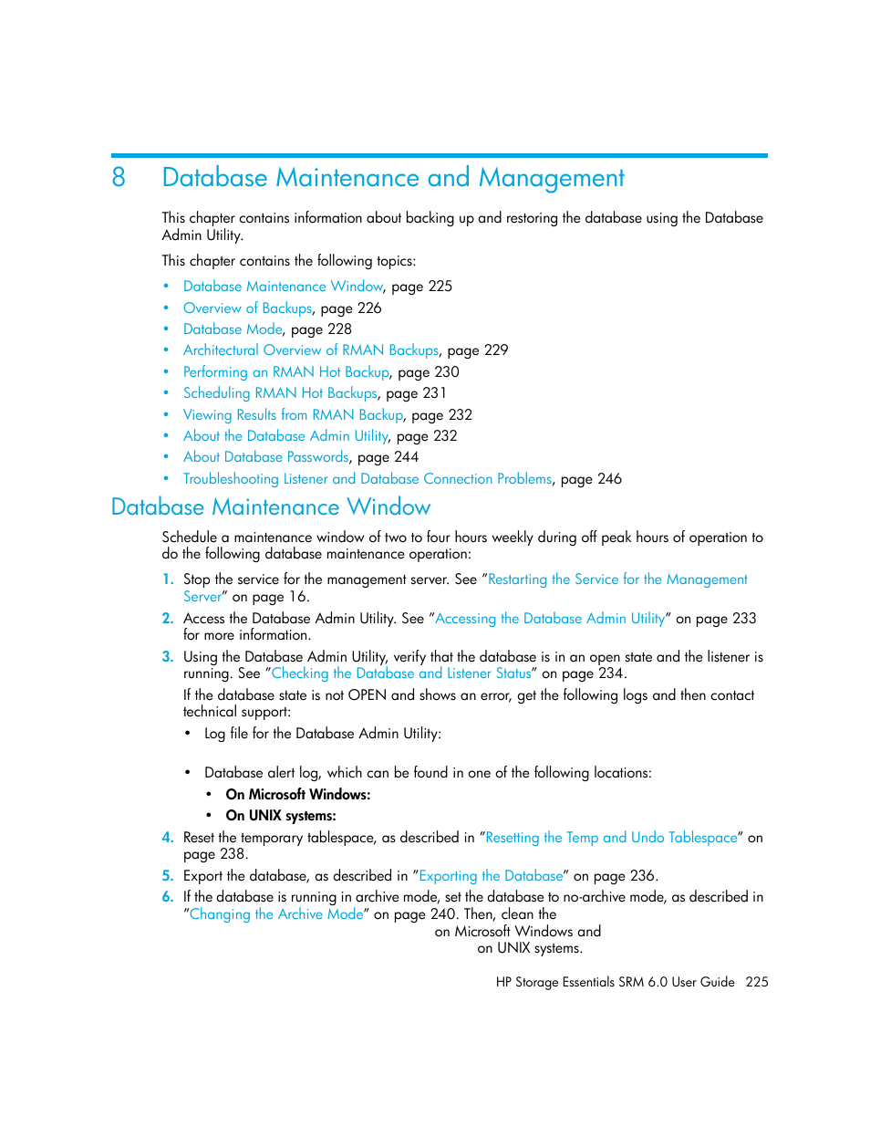 Database maintenance and management, Database maintenance window, 8 database maintenance and management | 8database maintenance and management | HP Storage Essentials Enterprise Edition Software User Manual | Page 263 / 798