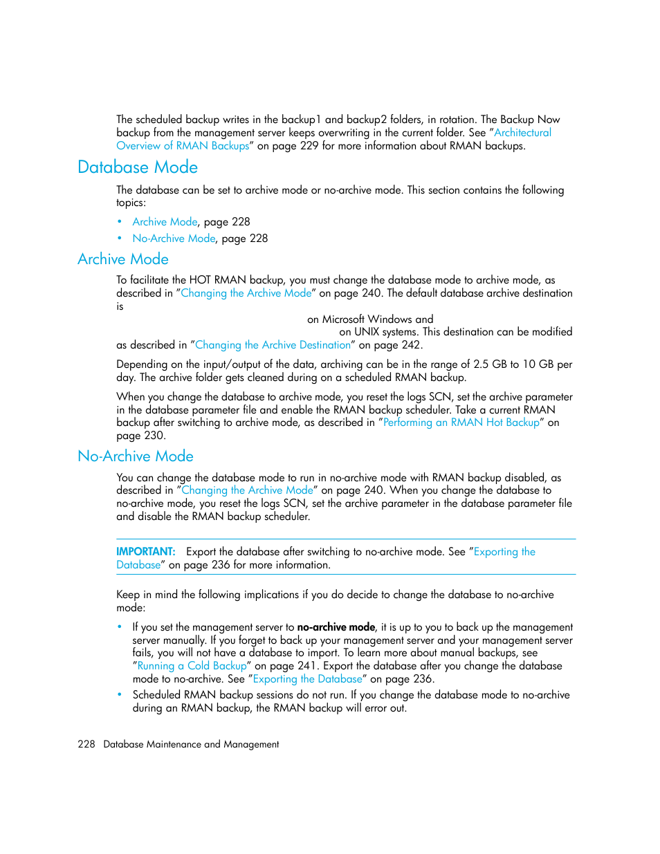 Database mode, Archive mode, No-archive mode | HP Storage Essentials Enterprise Edition Software User Manual | Page 266 / 798