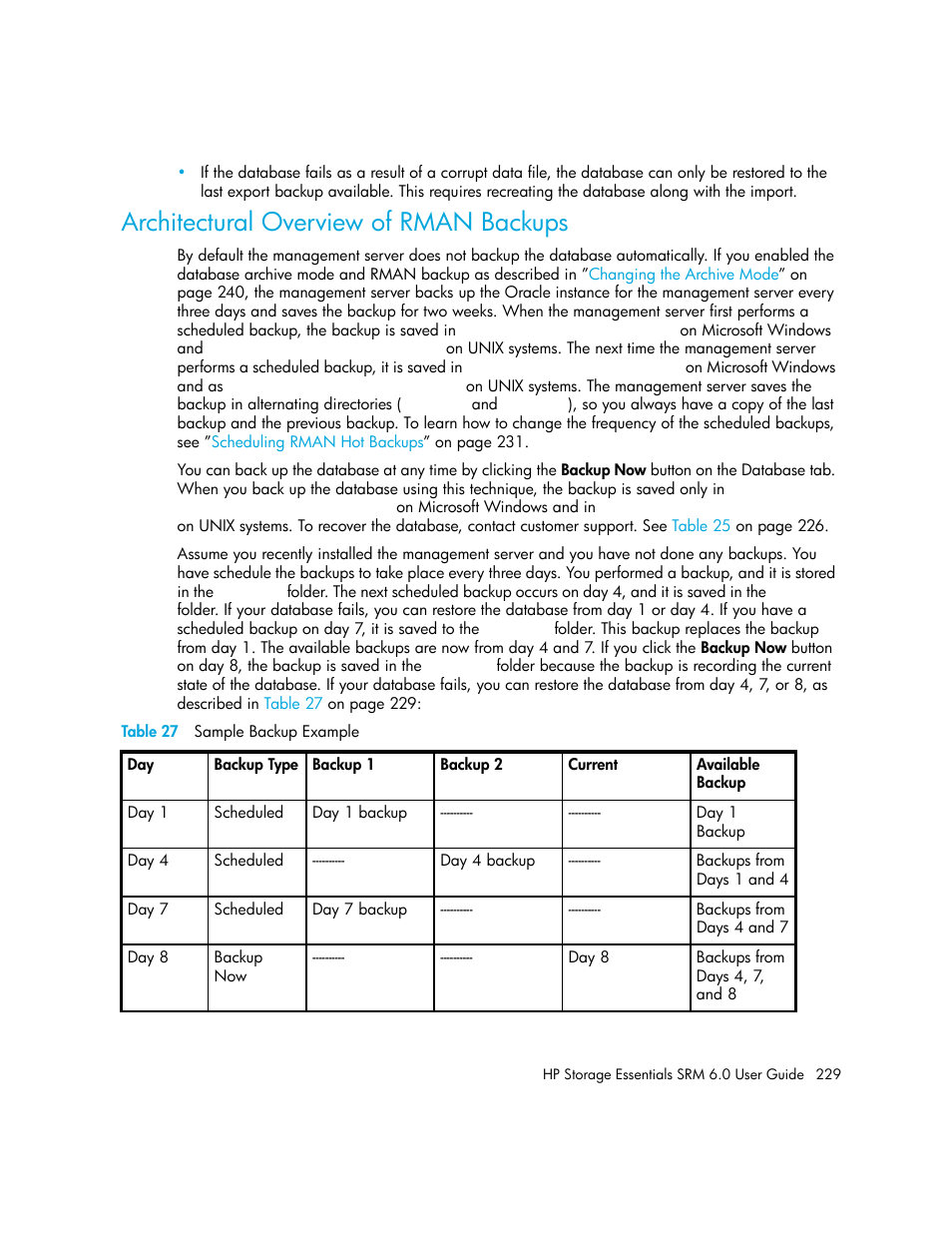 Architectural overview of rman backups, 27 sample backup example, Architectural | Overview of rman backups | HP Storage Essentials Enterprise Edition Software User Manual | Page 267 / 798